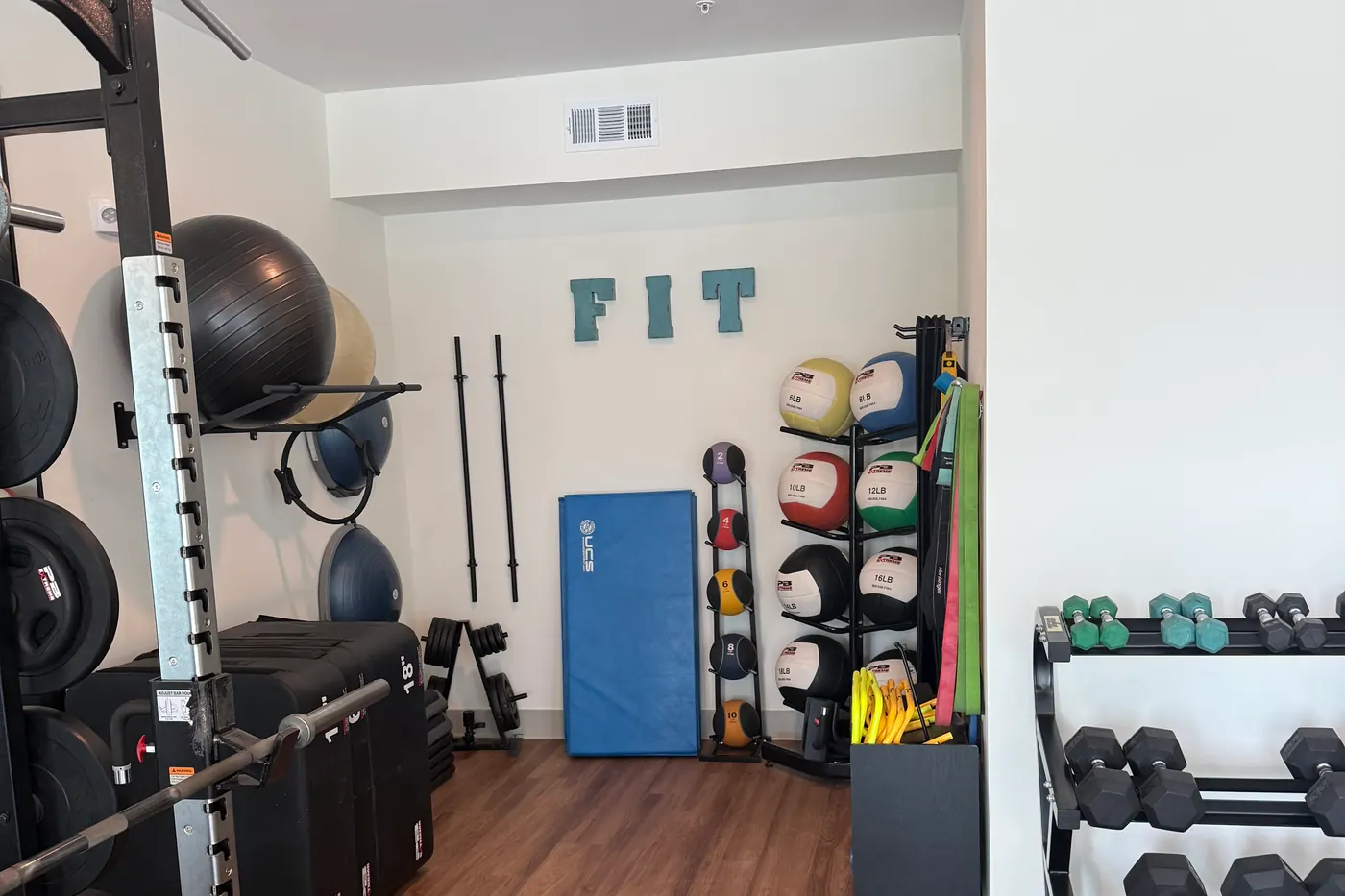 The FIT letters on the studio wall above medicine balls, bands and dumbbells.